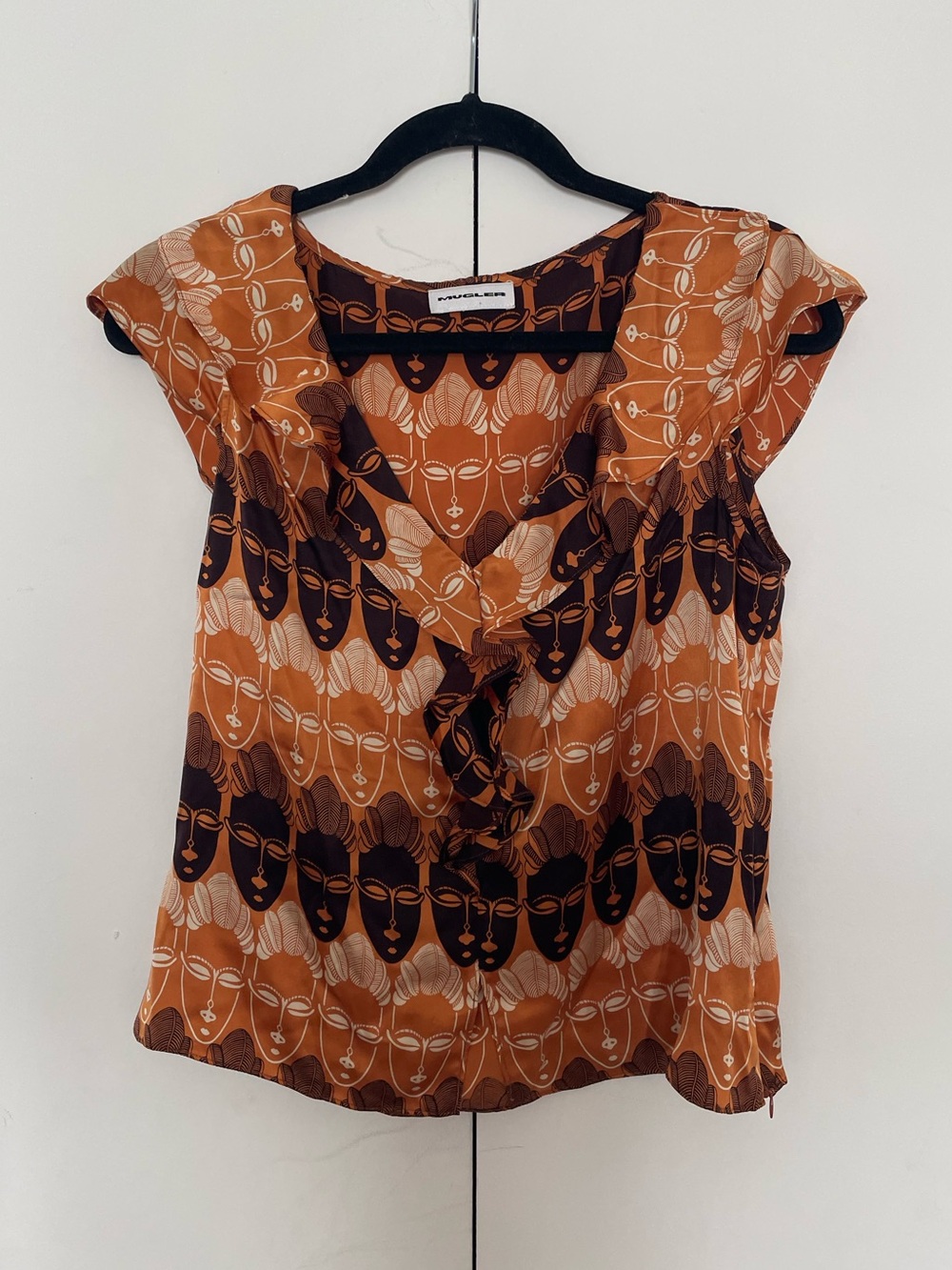 Mugler Tribal Orange and Brown Patterned V-Neck Silk Blouse